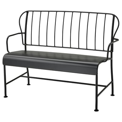 Modern black metal bench, curved back, two armrests.