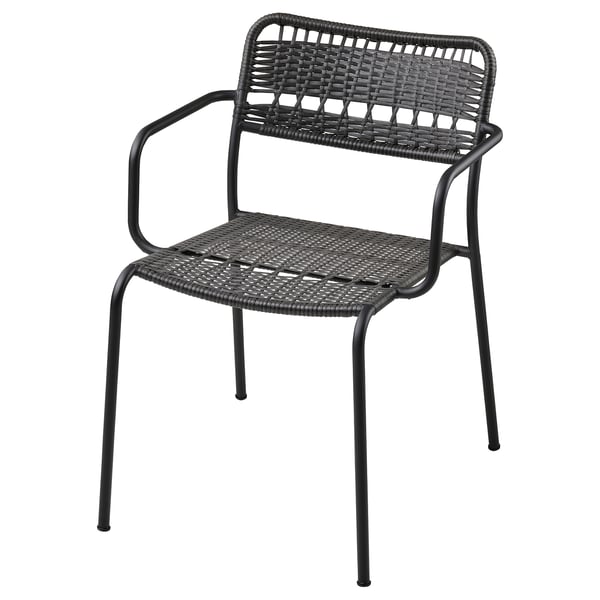 A LÄCKÖ black chair with a woven seat, armrests, and powder-coated steel frame. Its designed for outdoor use, durable, and stackable.