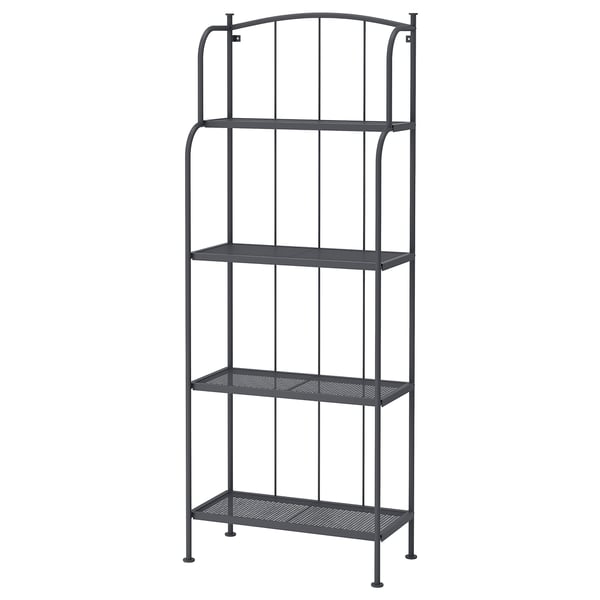 LÄCKÖ tall, dark grey metal shelf, 4 tiers, industrial design.