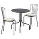Black metal outdoor table with two matching chairs, cream cushions. Classic wrought-iron style.