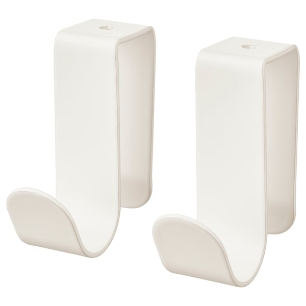 Two white LÄTTHET hooks, ideal for hanging items, featuring a simple, curved design with a top clip for photos or papers.