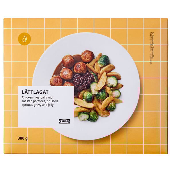 IKEA LÄTTLAGAT food box, displaying chicken meatballs with roasted potatoes, brussels sprouts, gravy, and jelly.