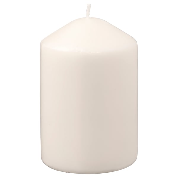 LÄTTNAD white pillar candle. Simple, sleek design. Smooth, cylindrical shape. Made from paraffin and plant-based wax. Single wick at top.