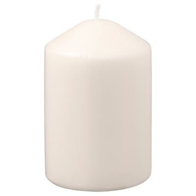 LÄTTNAD white pillar candle. Simple, sleek design. Smooth, cylindrical shape. Made from paraffin and plant-based wax. Single wick at top.