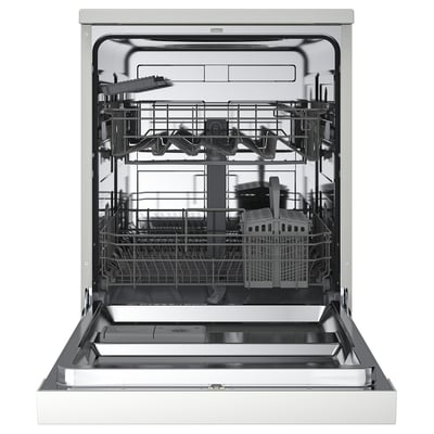 White freestanding dishwasher with digital controls and silver handle.