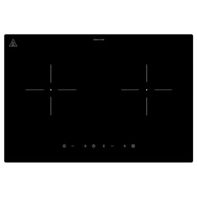 Black induction cooktop with two heating zones and touch controls.