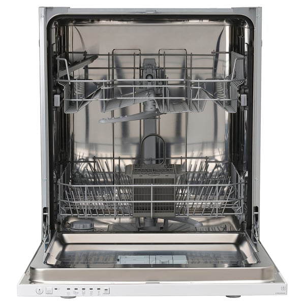 A stainless steel dishwasher with an open door, revealing racks for dishes.