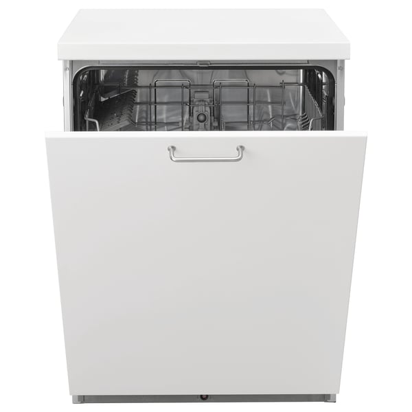 White dishwasher with silver handle, open door, metallic rack inside.