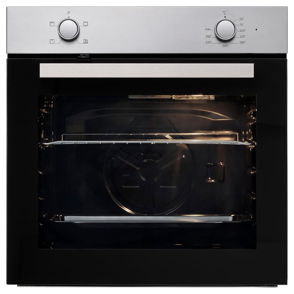 Black and stainless steel oven with silver knobs; large glass door.