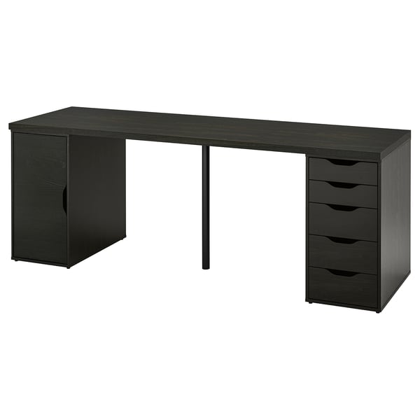 LAGKAPTEN desk: sleek black, wood-veneer top, left cupboard, right drawer unit, rectangular, minimalist design.