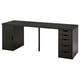 LAGKAPTEN desk: sleek black, wood-veneer top, left cupboard, right drawer unit, rectangular, minimalist design.