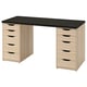 An ikea LAGKAPTEN desk in black and oak, rectangular with two storage units on either side, each having multiple drawers.