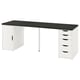 Displays a LAGKAPTEN desk in white with a dark wooden top, featuring a door and four drawers.