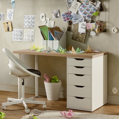 White IKEA desk and chair with craft decor.