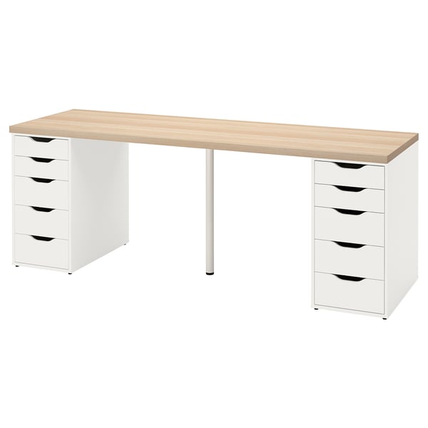 LAGKAPTEN desk: white with light wood top, 10 drawers, metallic legs, ample space.