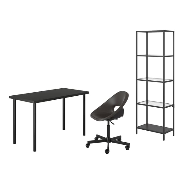 A modern black home office set including a desk, a swivel chair, and a tall glass shelf.