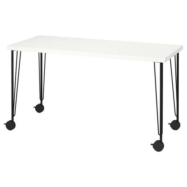 LAGKAPTEN, modern white desk, rectangular top, black metal legs with wheels.