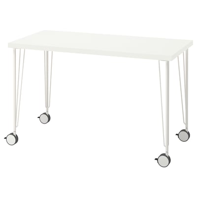A LAGKAPTEN white desk with hairpin legs and wheels.