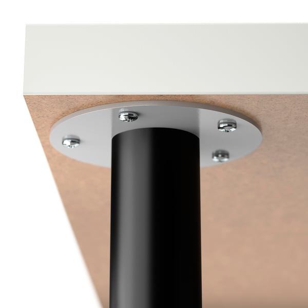 A sturdy table joint, featuring a modern design. A light wood tabletop securely connects to a black metal leg with screws.