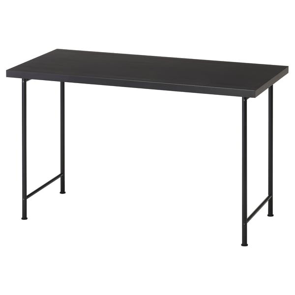 LAGKAPTEN: sleek black desk, modern and minimalist, made with eco-friendly materials, sturdy metal legs.