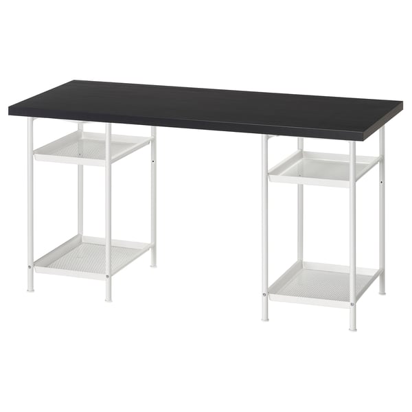 LAGKAPTEN desk: black top, white metal legs, 2 storage shelves.