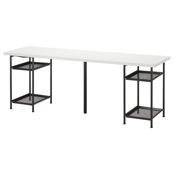 LAGKAPTEN: modern white desk with black metal legs and two mesh shelves for storage.