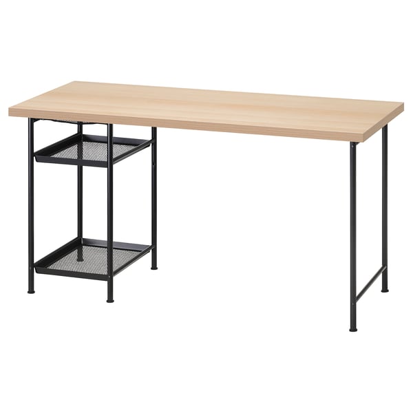 LAGKAPTEN: light wood desk with black metal legs, two black shelves, sleek design.