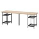 LAGKAPTEN desk: long, light wooden top with black metal frame, 2 adjustable shelves.