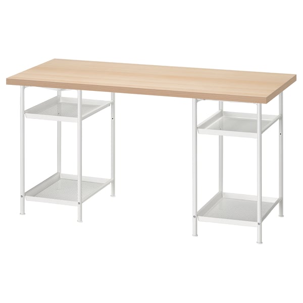 LAGKAPTEN work table: light wood top, white metal legs with mesh shelves.