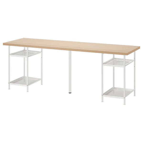 LAGKAPTEN desk in light beige wood with white metal legs and shelves.