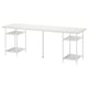 White LAGKAPTEN desk with white metal frames and shelves, rectangular top.