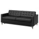 Black leather sofa with tufted cushions, square wooden legs, and clean lines.