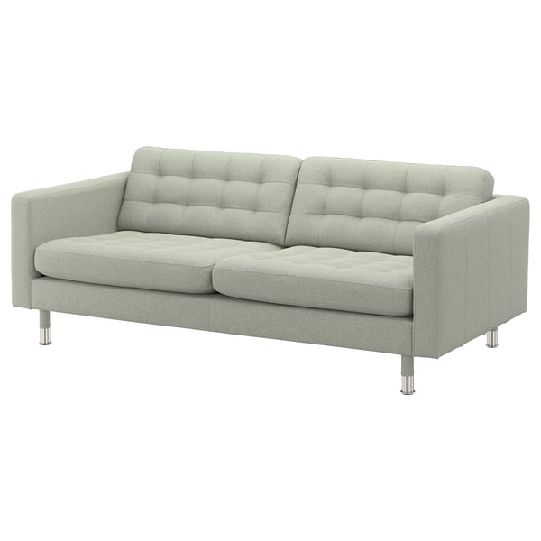 A greenish-gray LANDSKRONA sofa with a tufted back and seat, supported by metallic legs.