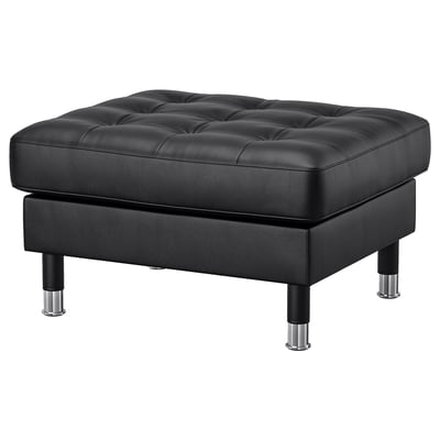 LANDSKRONA black leather footstool, square, four chrome legs.
