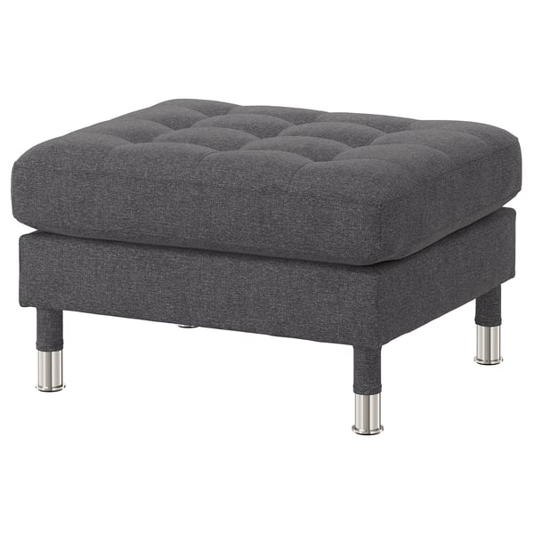 Landskróná ottoman, grey fabric, square shape, oak legs, tufted design.