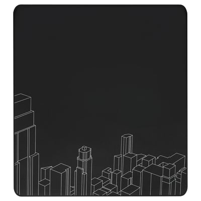 Black gaming chair mat, LÅNESPELARE, rubber base, recycled polyester top, city skyline design.