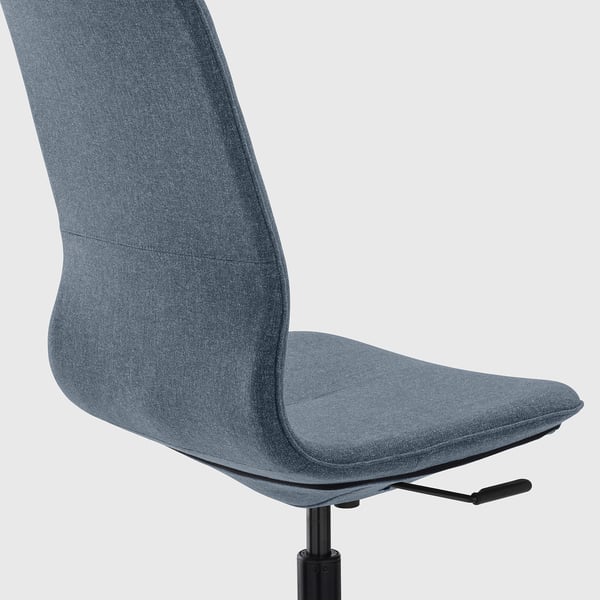 Blue office chair with adjustable height and tilt function.