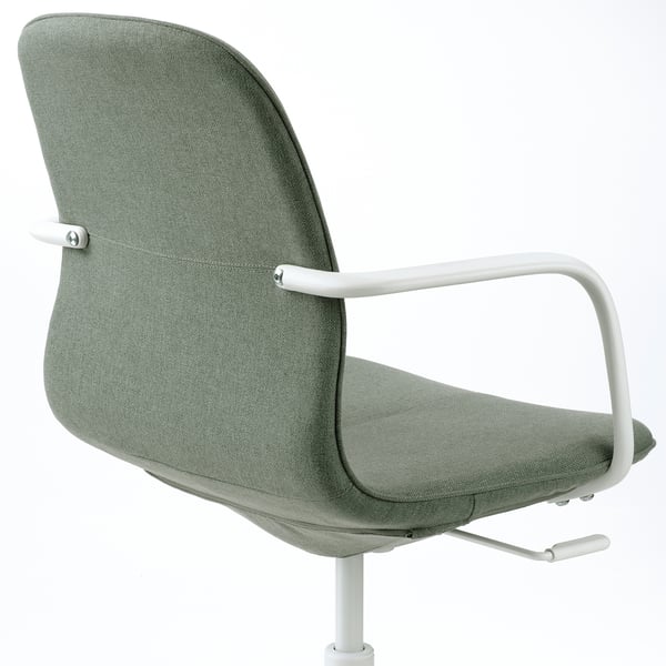 Modern office chair, light green fabric, adjustable height, armrests, sturdy white base.