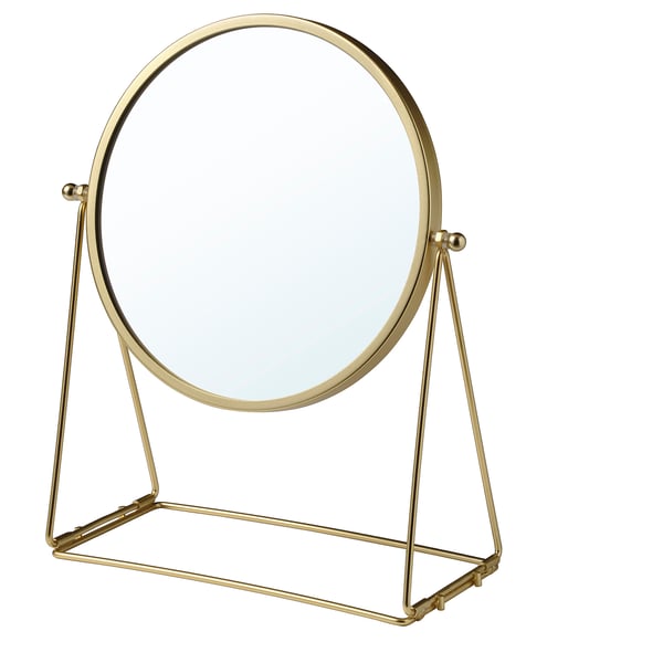 LASSBYN gold vanity mirror with tilt, brass frame, stable base, magnifying side.