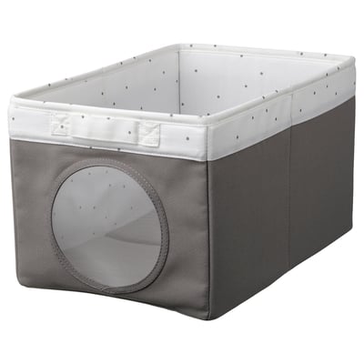 Grey plastic storage box with mesh window and handle.