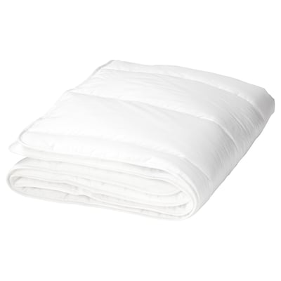 Folded white comforter, soft with seamed edges, made from recycled polyester and cotton.