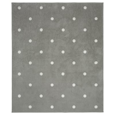 Grey square rug with white dots, made of recycled polyester. Soft, durable, and non-slip.