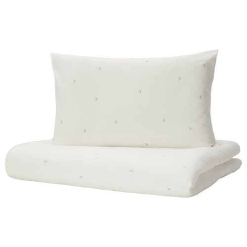 White baby bedding set with crescent moon design, made of soft cotton, rectangular shape.