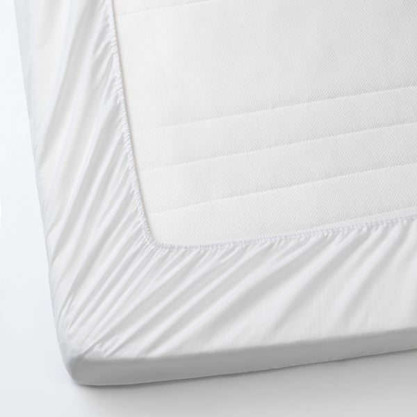 White, waterproof mattress protector, safe for kids.