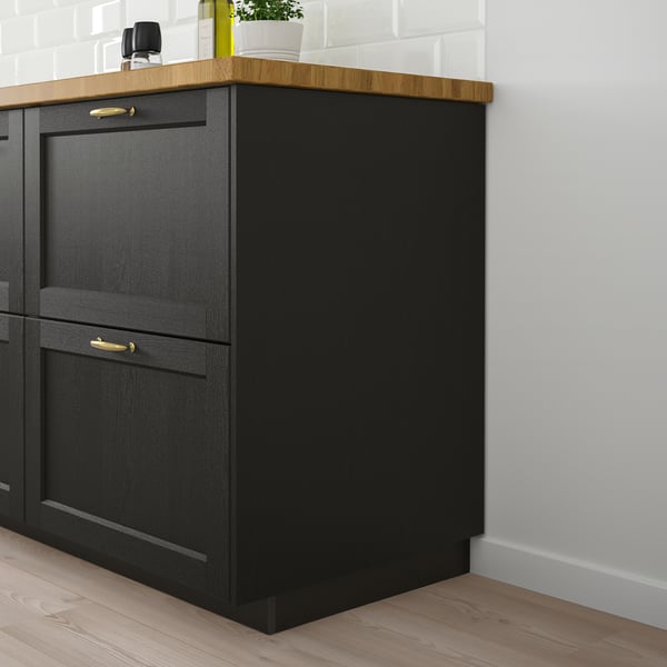 LERHYTTAN black kitchen cabinet, dark wood with brass handles, traditional style, large.