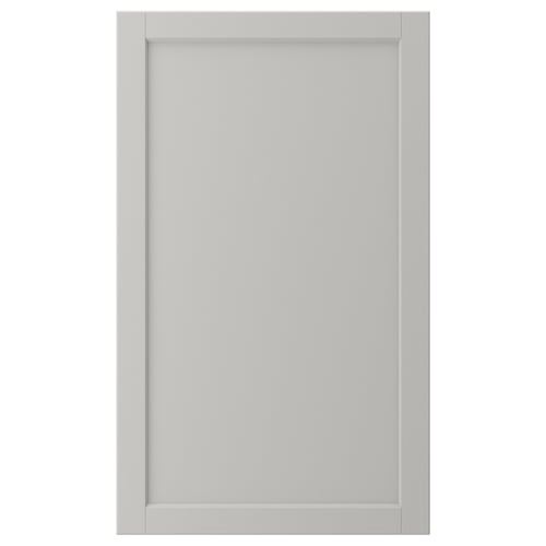 A LERHYTTAN grey kitchen cabinet door with a wooden frame and bevelled edges.