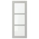 A grey LERHYTTAN cabinet door with a solid wood frame and bevelled edges, housing three clear glass panels in a rectangular layout.
