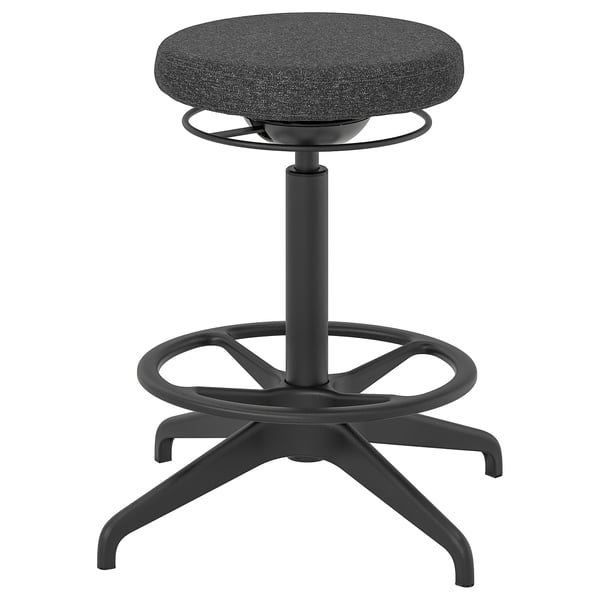 Black circular stool with fabric seat on adjustable metal base with footrest.