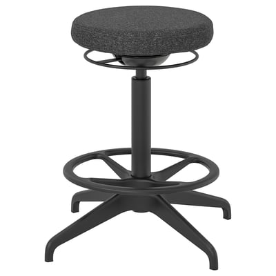 Black circular stool with fabric seat on adjustable metal base with footrest.