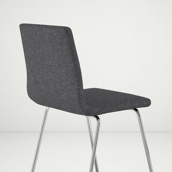 A stylish chair with a dark grey fabric seat and back, supported by shiny chrome legs.